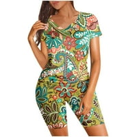 Dyegold odjeće za žene Ljeto kratki rukav V izrez biciklistički kratke hlače Podesite suncokret tiskani