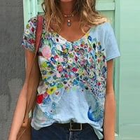 ECQKAME Ženske vrhove klirence modna žena V-izrez kratki rukav bluza majica Ljetni ispis labavi vrhovi plavi s