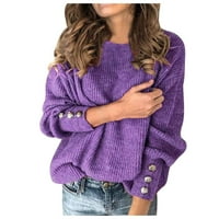 Joau ženska rebrasta pletena pletena pulover džemper casual dugmad dugih rukava Crewneck labavi džemper