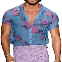 Muška bluza s čistem mrežom Floral Vidi kroz gumb Prednji dugi rukav Clupwear