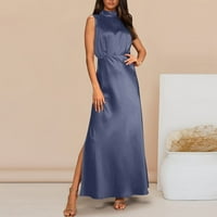 Ljetne haljine za žene rugajući izrez Maxi Leisure A-line s punim rukavima bez rukava plava xl