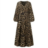 Ženska leopard puffne rukave od tiskane tunike Maxi haljina s pojasom