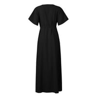 Haljine za žene ženska a-line maxi čvrsta kratka rukava V-izrez Slim fit casual a-line haljine crne l