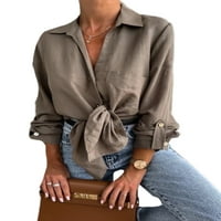 Capreze jesenski ženski kolutni rukavi majice s majicama niz vrat majice casual labave bluze s prednjim džepom sive l