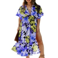 Capreze Dame Maxi haljine V izrez Ljeto plaža Sundress cvjetni print duga haljina Havajski kratki rukav plavi xl