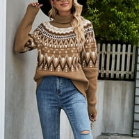 Ženska džemper - tiskani dugi rukav Tortleneck Leisure Vrhovi za slobodno vrijeme Vintage Topli džemper Redovni pulover Drop ramena Khaki XL