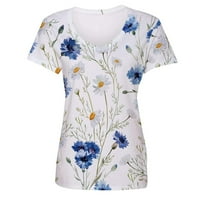 Ženske vrhove cvjetne bluze s kratkim rukavima, Ležerne dame Ljetna tunika vrhova V-izrez Modni bijeli