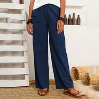 Žene posteljine više džepova Čvrste casual hlače labave duge pantalone kombinezone hlače mornarice xl