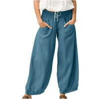 Ženske pamučne posteljine hlače Ljeto visoke struke Široke noge hlače sa sobnim bojama pantalone u hlače sa dvostrukim džepovima