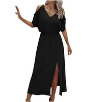 FINELYLOVE haljina bez kaiševa Maxi haljina za žene Ljeto A-line kratki kratki rukav čvrst crni XL