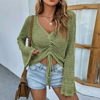 Ženska jesenska odjeća, Ženski džemper plete za zeleni prugasti džemper Ženska modna pletena V-izrez izdubljena izrezana pukotina sa rukavima od pukotina od pukotina s temperaturom veličine džemper veličine odijela tbkomh
