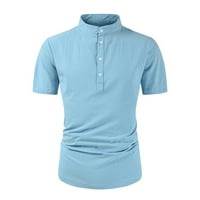 Muške ljetne majice, Henley majice, ležerne plažne majice, pamučna posteljina majica čvrstog dugmeta sa šljokicama kratki rukav slim fit modne casual košulje svijetle plave s