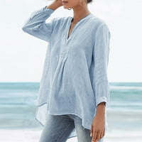 Bazyrey ljetne bluze za žene V-izrez, čišćenje od punog casual labavih dugih rukava plava 2xl