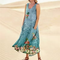 Ženski ljetni casual modni ispisani dress džepke bez rukava Blue M