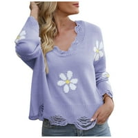CETHRIO pulover džemperi za žene lagani klirens v-izrez s dugim rukavima otisnuta pletene ležerne zimski ljubičasti džemperi veličine S
