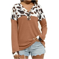 Ženska leopard patchwork majice padaju modni dugi rukav Henry majica V izrez labavi fit pulover bluze