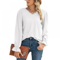 Baywell Womens Crochet V izrez Flare Dugme s dugim rukavima dolje majica Casual T Majice Bluze pulover bijeli S-XXL