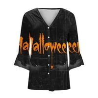 Tdoqot Halloween majice za žene - labav gumb dole jesen V-izrez casual rukav abeceda za ispis bluza crna veličina m