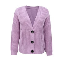 Žene Casual V izrez Pletena gusta pređa Twist Solid Boja pletena džemper Cardigan Jakna Tamno otvoreni džemper Purple XL