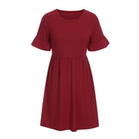 Casual ženske kratkih rukava okrugli izrez Čvrsta boja rufffle Flowy Tined Mini haljina crvena veličina