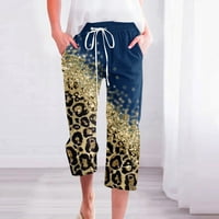 Fartey Žene Lanene Capri hlače Ljetne elastične visoke strukske vučne hlače sa džepovima Leopard Print Casual Pants