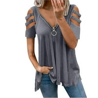 Bazyrey ženske vrhove kratkih rukava V-izrez Pola zip ženske ležerne ljetne košulje sive 3xl