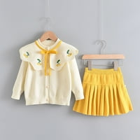 Dvorac Toddler Baby Girls pletene dugih rukava džemper + Pleated Mini Tutu suknja Jesen Zimska odjeća 5- godina Yellow-Cherry