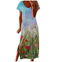 Ženska casual labavca dugačka haljina okrugla vrat kratki rukav cvjetni print Vintage boemian maxi haljina split split ljetna haljina za plažu