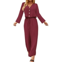 Ženska dva odjeća gumne pune boje V izrez dugih rukava Top čipke Up udružene set širokih pantalona za