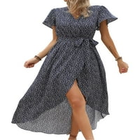 Žene Maxi haljine s kratkim rukavima Duga haljina V izrez Ljeto plaža Sundress casual party duboko plavo