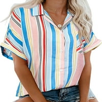 Grianlook Ženska labava prugasto bluza kratki rukav rever na vrhu Business Colorblock majice