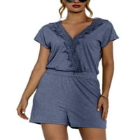 Avamo ženske rubne čipke Crochet Jumpsuits široke noge kratke hlače Dame Ležerne ljeto Plavo XL