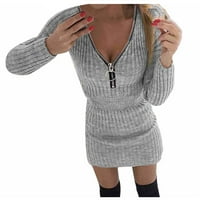 Dukseri Žene Ležerne prilike sa čvrstim pletenim haljinama Zipper V-izrez Mini Slim Slim Pulover Haljina