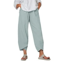 Žene casual pant - labava puna boja pamučna posteljina elastična useva sa visokim strukom sa džepom