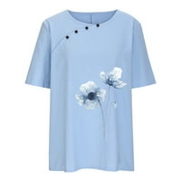 DahAx ženske pamučne posteljine majice na vrhu Ležerne prilike sa slobodnim motorom TEES CLUAL PRINT TUNIC TEES kratki rukav plus veličina gumba Bluuuse nebesko plavo m