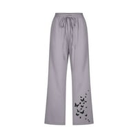 Žene Ležerne prilike ispisane elastične hlače Ravne široke noge Creved pantalone za crtanje pamučne posteljine kapris sa džepovima Grey XXL