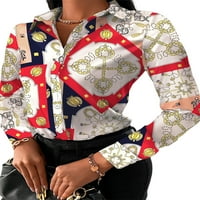 Nokiwiqis Modne modne majice Chain cvjetni slovo Geometrijski kvadrat Ispiši ovratnik s dugim rukavima