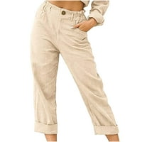 Žene meke pamučne posteljine ravne pantalone za noge Ruffled elastični struk Brze suhi džepovi u boji