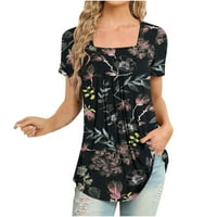 USMIXI Womens Ljetni vrhovi kratki rukav kvadratni vrat cvjetni printski košulje Vintage Flowy Nasled lagani tunički bluze Crne S OFF do 65% popusta