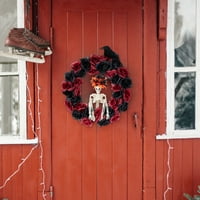 Halloween vijenac za ulazna vrata sa crvenim i crnim umjetnim ružama i kosturom, Halloween Garland Creepy