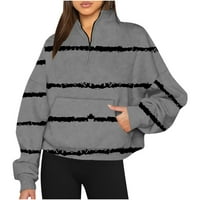 Zkozptok ženske dukseve četvrtine zatvarača sa pulover prugastim dukselim dukselim duksevima, sivo, xxxl