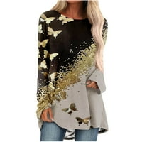 Majica s dugim rukavima za ženske jeseni trendy leptir tisak Flowy Thirt Dressy Plus sizene bluze za