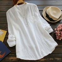 Deals Plus size za žene Pamučne košulje za žene udobne V-izrez dugih rukava s dugim gumnim pamučnim i posteljinom tuničkih majica Bluza, bijela