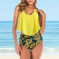 Žene Vintage kupaći kostim dva retro Halter Ruched High Squik Print Bikini Set Sunflower Ispiši prekrivanje