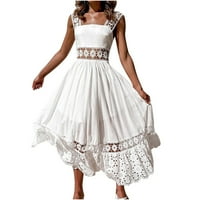 Lovskoo Womens Boho ljetne haljine Maxi haljina Trendy Square Laod čipka Hollw bez rukava bez rukava haljina bijela