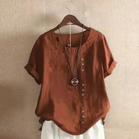 Lovskoo pamučna posteljina majica za žene Ljeto pune boje kratkih rukava casual okrugli vrhovi vrata Brown
