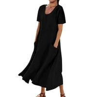 Ljetne haljine za žene, casual maxi pune boje okrugli vrat bez rukava bez rukava s dugim ljuljačkim klinkom haljina s džepovima crna m