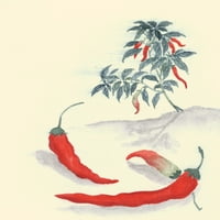 Japanski otisak crvene paprike sa biljnim rastom u pozadini Poster Print nepoznatim
