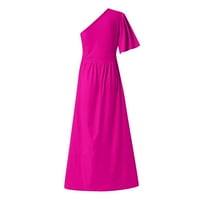 Haljine za žene Jedno rame Solid Fit & Flare Maxi Leisure Ljetna haljina dugih rukava vruće ružičaste