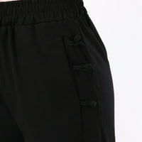 Ženske pamučne posteljine pantalone žene pune boje elastične struine casual pantalona široka noga pant sa džepom
